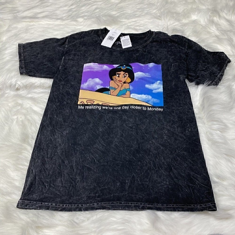 NEW Disney Princess Jasmine T-Shirt Large Girls Black Marble Ebony Distressed